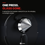 One press, glass gone: spring-loaded tungsten-steel pin