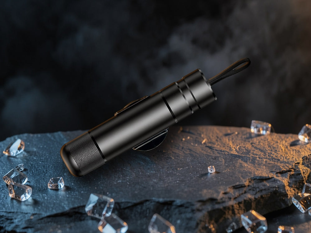 NovMelo escape tool on dark slate with glass shards